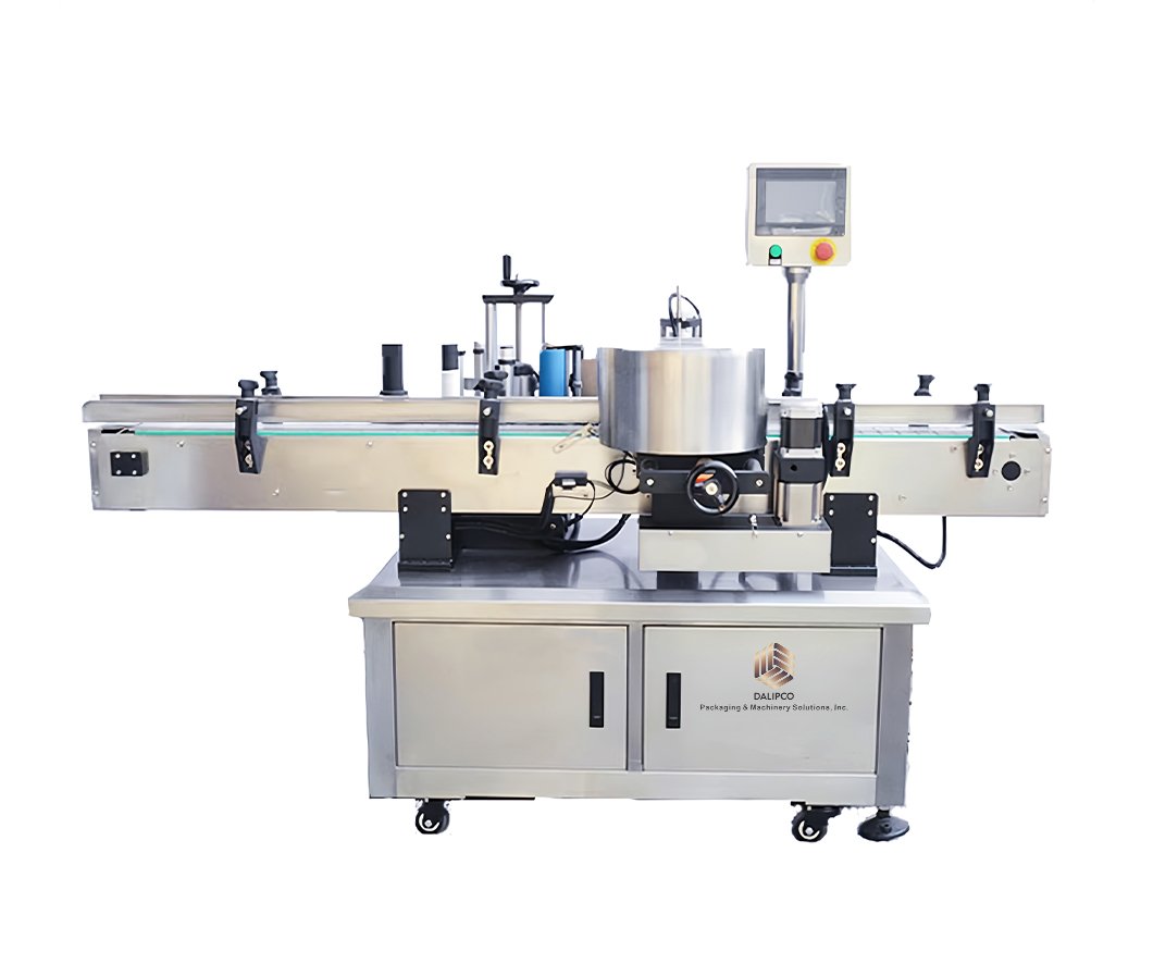 High speed in-line container labeling machine for bottling lines